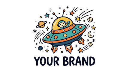 Fototapeta premium Vibrant cartoon UFO soars through celestial scene with stars and planets