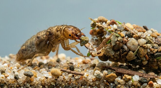 Aquatic larva actively building its protective case using silk to attach sand grains