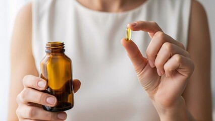 Fototapeta premium Close-up of person holding a small amber glass bottle and capsule pill in hand for medication or supplement intake health care treatment and wellness