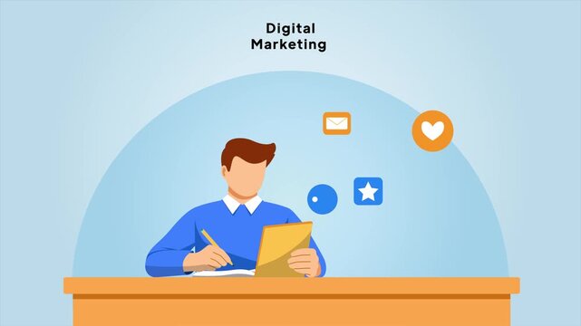 Content Creator Planning Marketing Strategy. Digital Marketing concept. Full length animation illustration. High quality&nbsp;4k&nbsp;footage