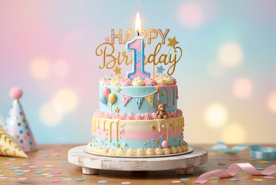 Cute pastel two tier birthday cake with happy first birthday topper and burning candle festive celebration