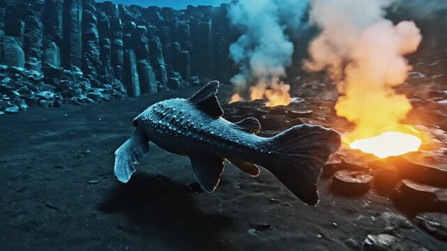 Ancient coelacanth exploring a sunken volcanic environment
