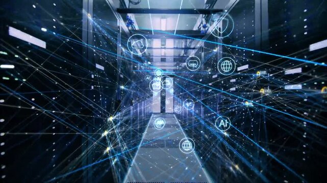 Futuristic digital city with network lines, cloud servers, and data streams showcasing internet big data era.