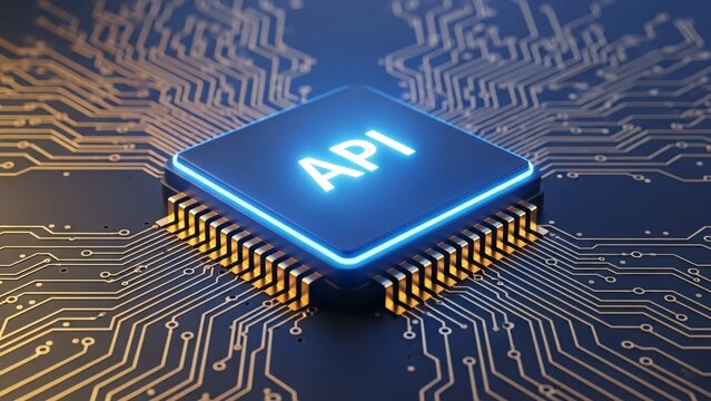 High tech computer chip with API text glowing on circuit board for software development and technology innovation concepts