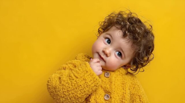 Curious baby in yellow outfit looks up with hand on chin in front of bright yellow background