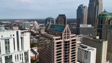 Fototapeta premium Drone view of Charlotte NC city center with high rise buildings