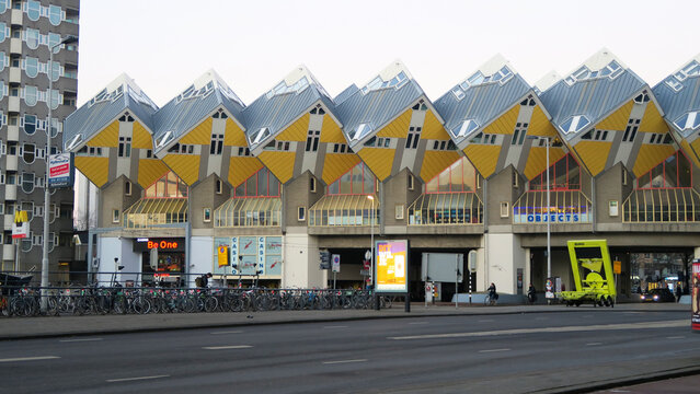 Rotterdam, Netherlands. Cube houses are a set of innovative houses built in Helmond designed by architect Piet Blom. His design represents a village within a city.
