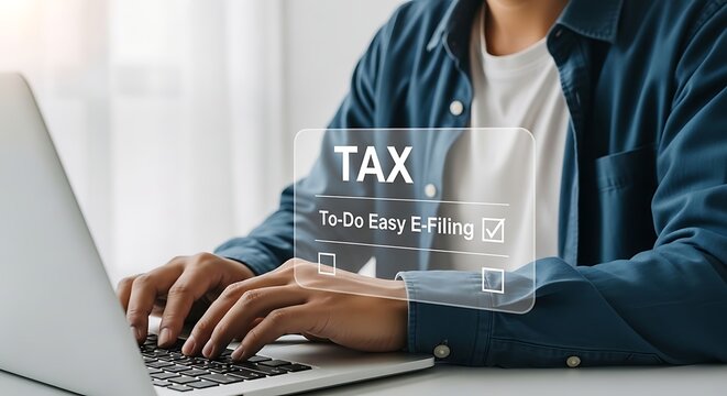 Person typing on laptop with digital tax filing checklist overlay e-filing online computer