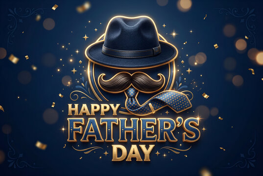 Happy fathers day graphic with hat mustache tie and golden accents celebrating dad