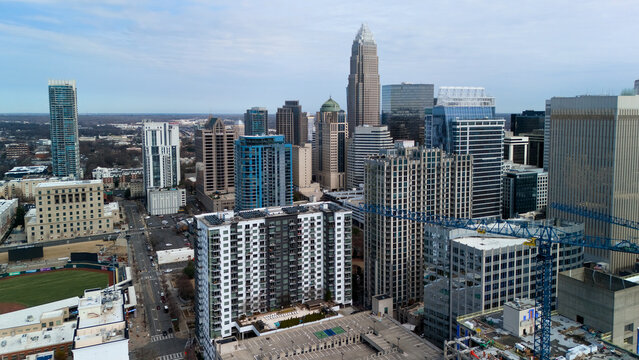 Drone view of Charlotte NC downtown skyline with high rise buildings