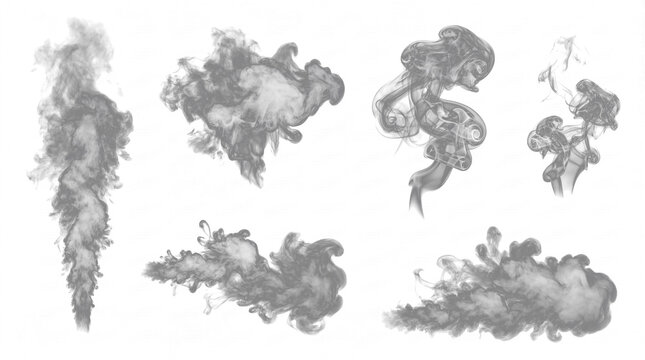 Diverse collection of realistic gray smoke and steam elements, isolated on a transparent background for design.