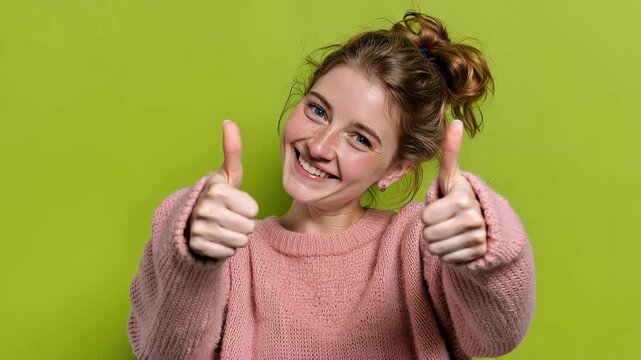 Smiling woman wearing a pink shirt gives thumbs up against a green background in a casual setting