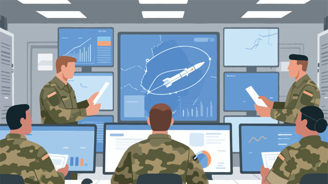 Illustration Of The Military Command Center Analyzing Rocket Trajectories In The Control Room Vector Design Template