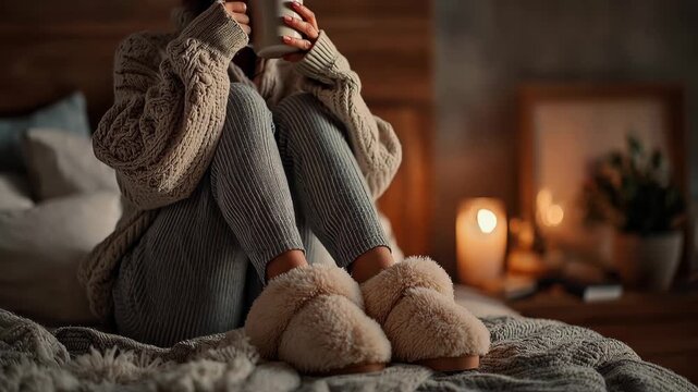Woman sits on bed in slippers holding a cup while thinking about her day in the evening hours at home