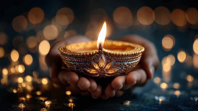 Hands hold a glowing diya lamp with soft bokeh lights in the background during a festive celebration