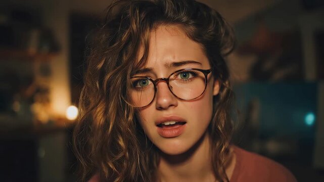 Young woman with glasses arguing at home shows strong emotions in the evening light