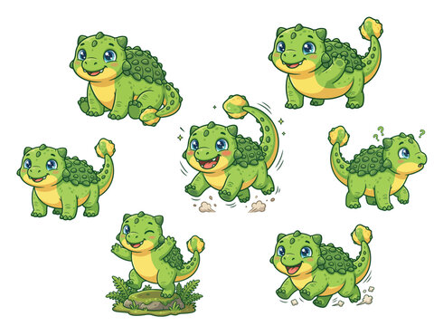 Cute Baby Ankylosaurus Armored Dinosaur Cartoon Character Mascot Isolated White Background Vector Illustration
