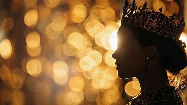 Silhouette of a queen or princess in a crown against a golden background at an evening event
