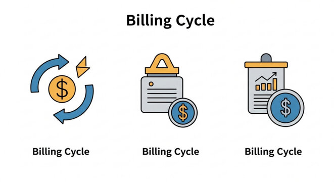 A vector graphic illustration of a billing cycle concept with icons representing payment and finance