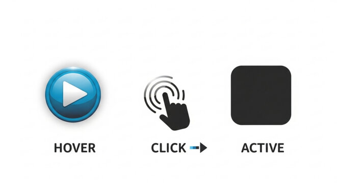 A vector graphic illustration of three button states, including hover, click, and active, in a flat design style.