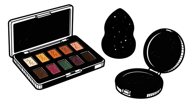 Cosmetics illustration makeup palette and compact on black background