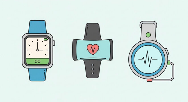 A vector graphic illustration of three smartwatches with different designs and health tracking features on a light blue background.