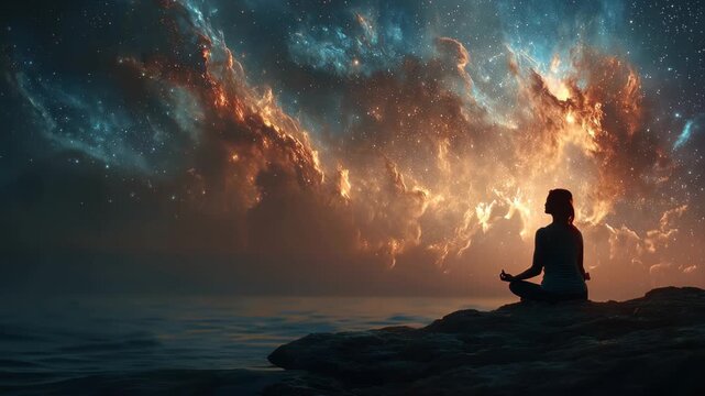 Woman practices yoga and meditation under space energy during night near the ocean with stars and clouds glowing