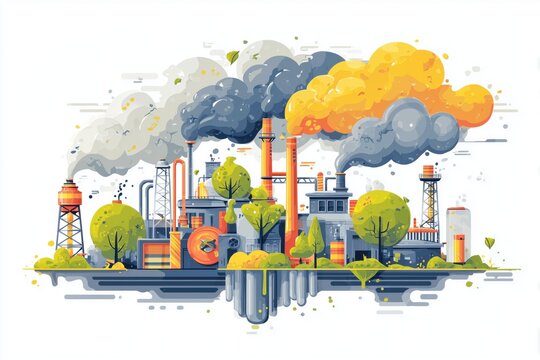 Polluted industrial scene in illustration style: factory emissions turning the sky and water yellow.