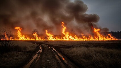 Naklejka premium Intense wildfire burning across open field with thick black smoke and bright flames under cloudy sky in a rural area for environmental disaster awareness