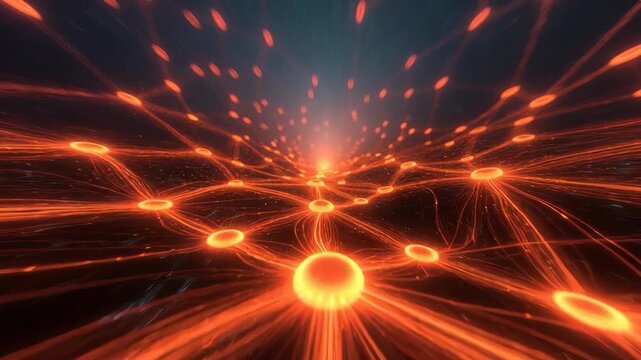 Glowing energy nodes and flowing lines in abstract style on dark cosmic background, concept of connection and communication