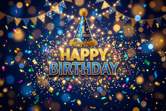 Vibrant happy birthday scene with confetti, lights, party hat, and number one decor