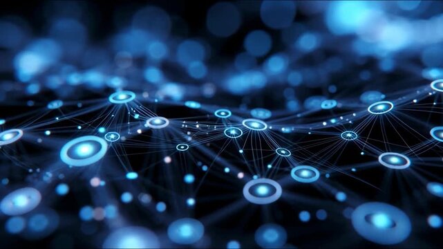 Glowing interconnected nodes and lines in abstract style on dark background, concept of data flow and network systems