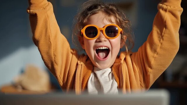 Joyful child girl celebrates during online class at home with vibrant sunglasses in bright indoor space