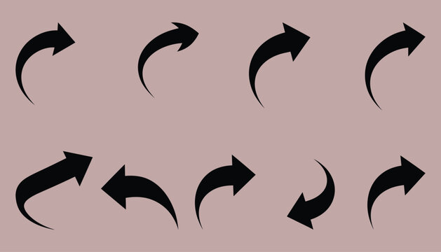 Collection of eight black curved arrows on a light purple background