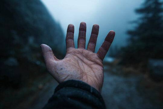 A close-up of a weathered hand against a misty, forested backdrop, conveying a sense of resilience.
