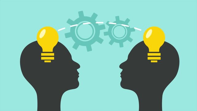 Two Minds Exchanging Bright Ideas. Passing on Knowledge concept. Full length animation illustration. High quality&nbsp;4k&nbsp;footage