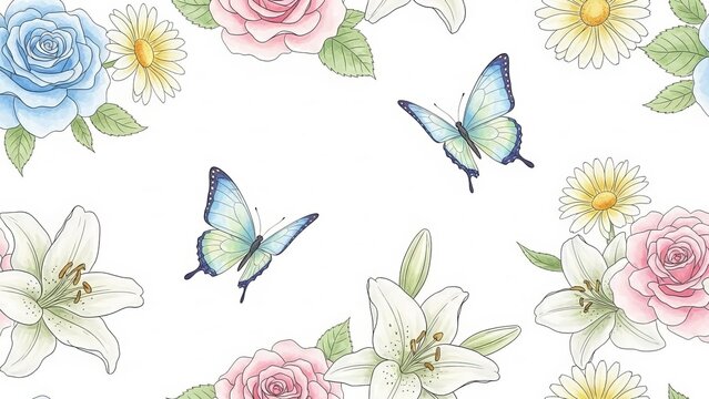 Blue butterflies flying gracefully among beautiful watercolor roses and spring lilies