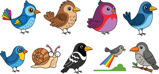 Cute cartoon birds and snail vector set featuring colorful birds, perched wildlife characters, rainbow bird and funny snail illustration © jafrine