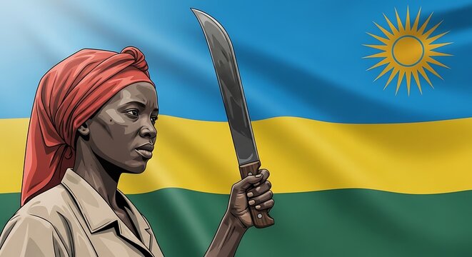 A man holding a knife in front of a flag