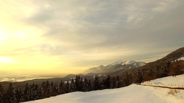 Bold sunset and sky and clods in a winter time, winter landscape.