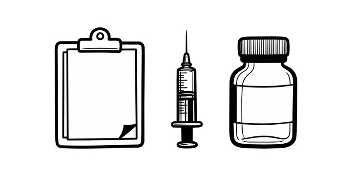 Medical illustration of syringe bottle and clipboard isolated on black background