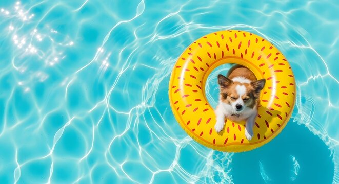 Dog swimming in pool with float.