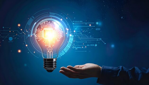 Hand offers glowing light bulb with futuristic digital circuits. Bright energy pulses from core