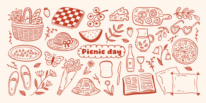 Set of quirky line art illustrations of picnic food and decor. Doodle drawings of blanket, basket with flowers, pizza, tomatoes and various countryside objects. Whimsical vector dinner ink silhouettes