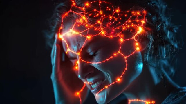 Woman touching head with glowing brain to represent mental health awareness and emotional wellbeing in a dark setting