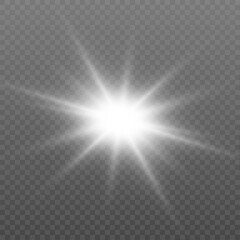 Fototapeta premium Radiant star light explodes with clean sharp beams. Floating glitter particles enhance bright glowing center. Perfect for elegant festive design.