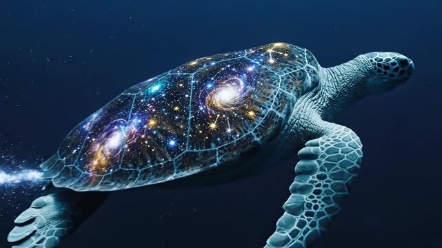 Ancient Sea Turtle with Galaxy Map Swimming in the Ocean