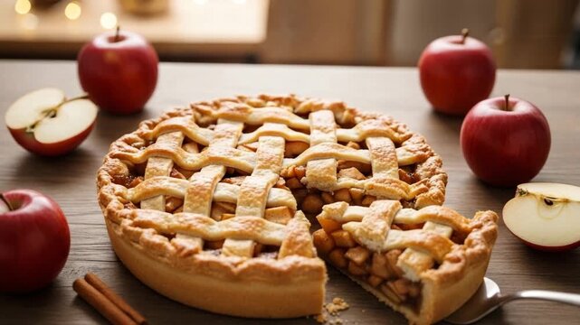 A delicious homemade apple pie with a slice being served, surrounded by fresh apples and cinnamon sticks