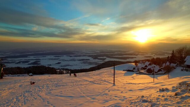 Bold sunset and sky and clods in a winter time, winter landscape.