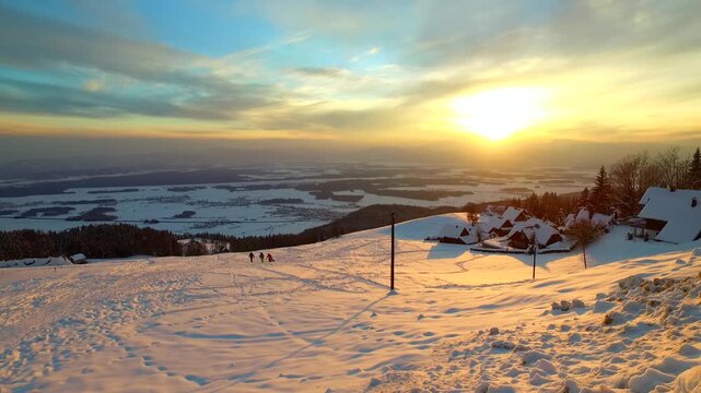 Bold sunset and sky and clods in a winter time, winter landscape.
